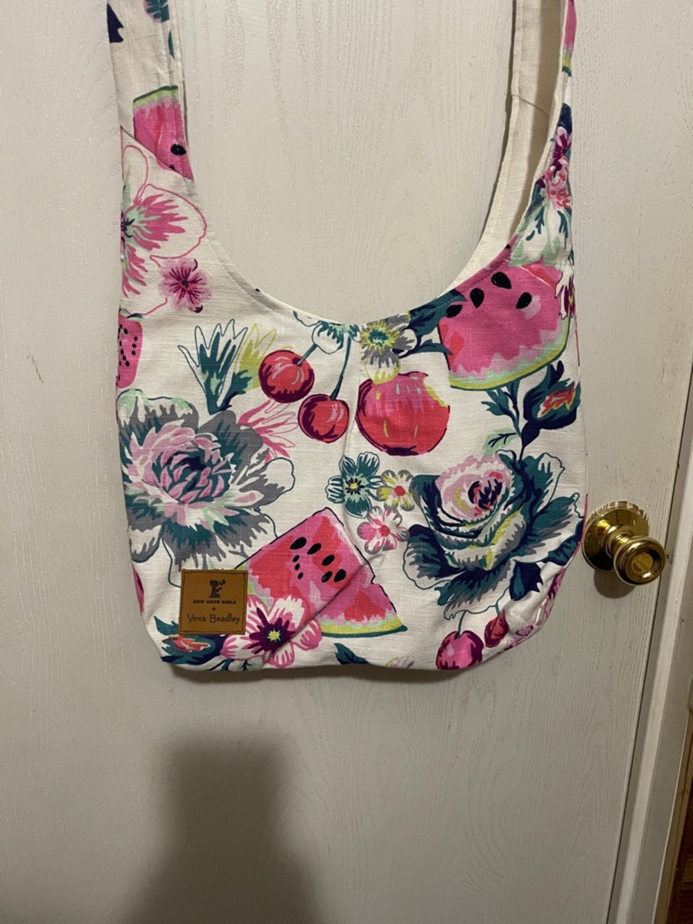 Vera Bradley White Canvas Shoulder Bag with Pink Floral & Watermelon Print BNWOT